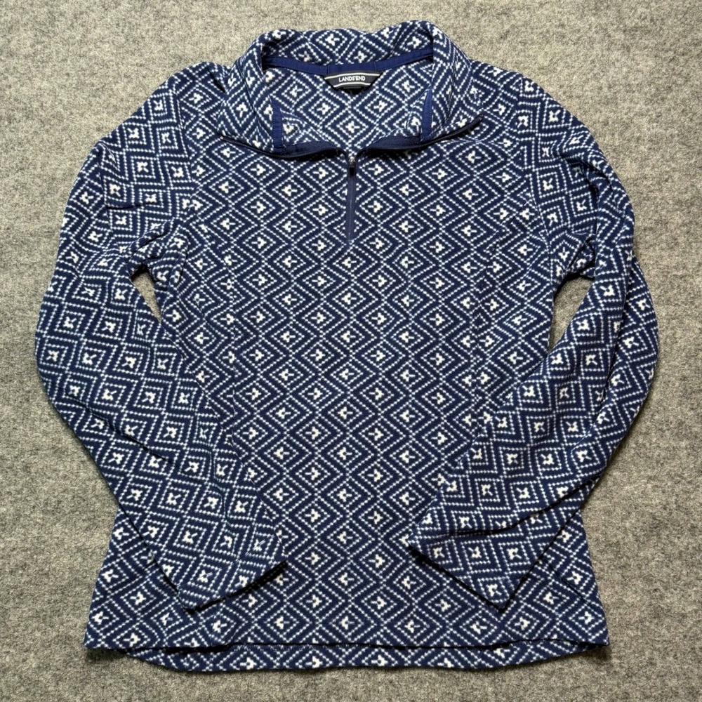 LANDS'‎ END Women Blue White Geometric Diamond Fleece Quarter Zip Pullover Small
